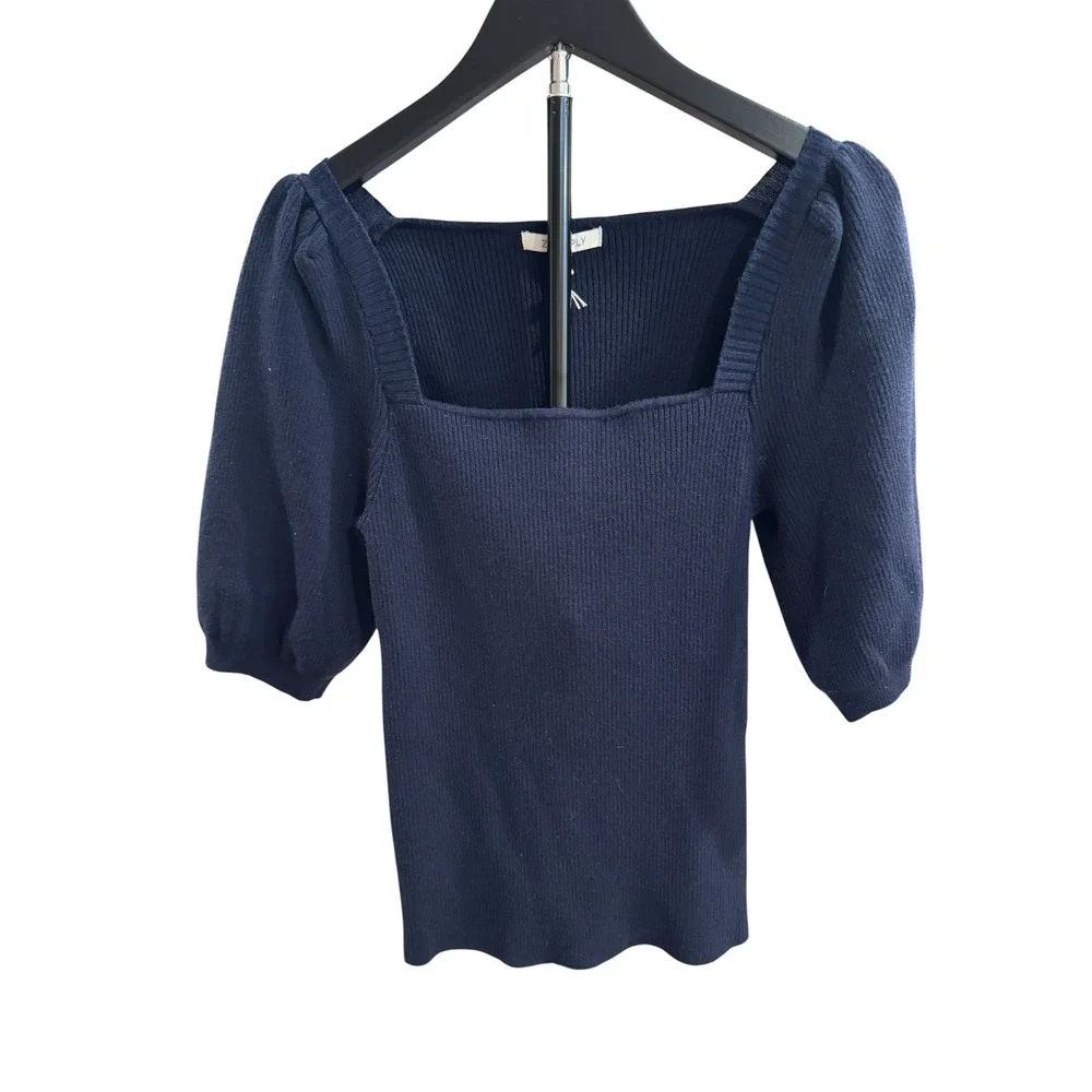 Z Supply Sibyl Short Sleeve Sweater Navy Blue Ribbed Square Neck Puff Sleeve M